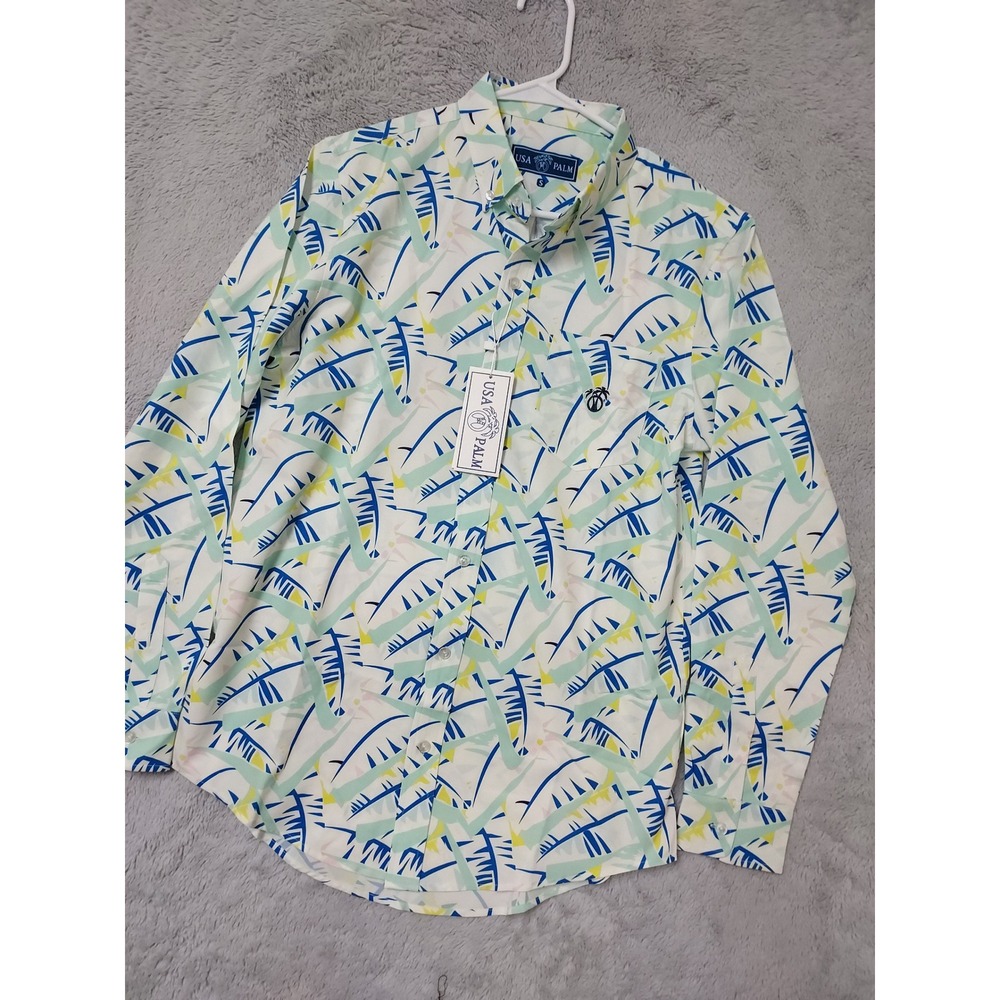 NEW USA Palm Shirt Mens Small Long Sleeve Performance Stretch Palm Print White